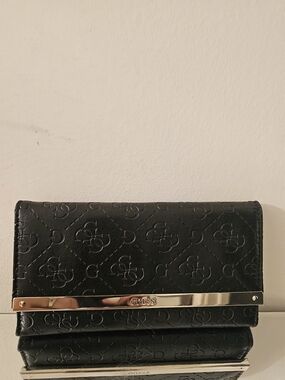 GUESS Black Quilted Logo Clutch with Gold Accent